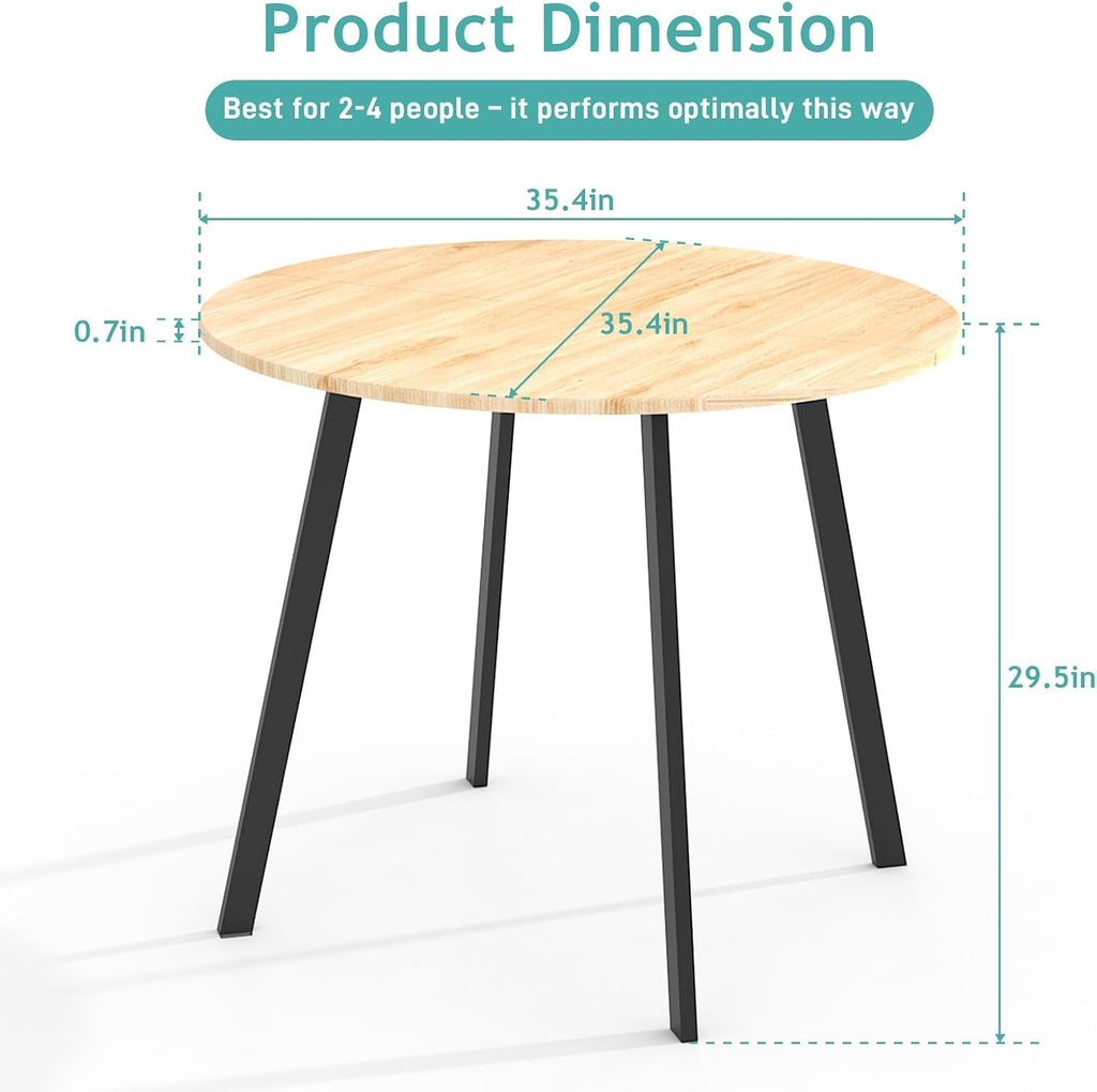 35.4in Small Dining Table, Round Dining Table with Wood Finish Steel Legs, Circle Dinner Tables for Small Space, Apartment, Office, Kitchen, for 2 to 4 Person-Natural