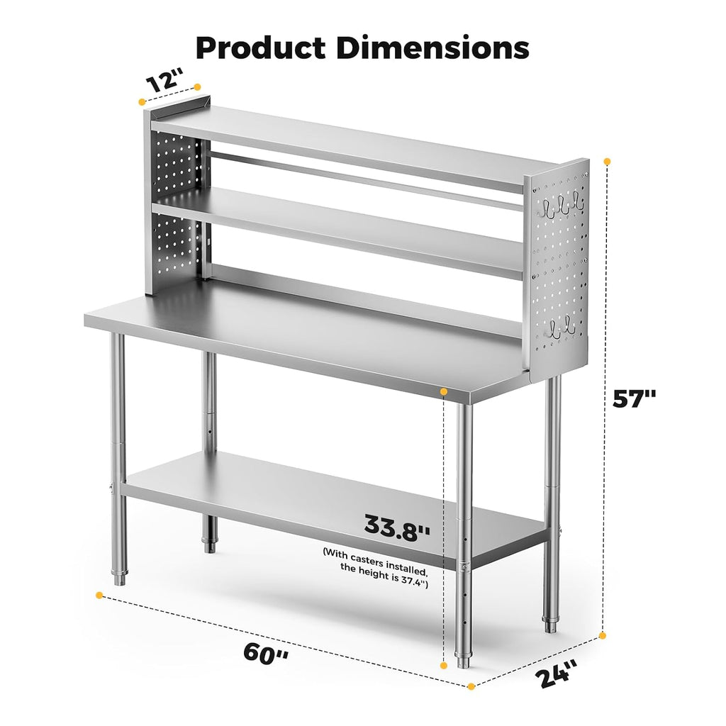 60x24 in NSF All Stainless Steel Table with Adjustable Shelf & Pegboard Panels & Casters, Kitchen Prep Table Commercial Heavy-Duty Worktable with Large Space Storage for Restaurant Garages
