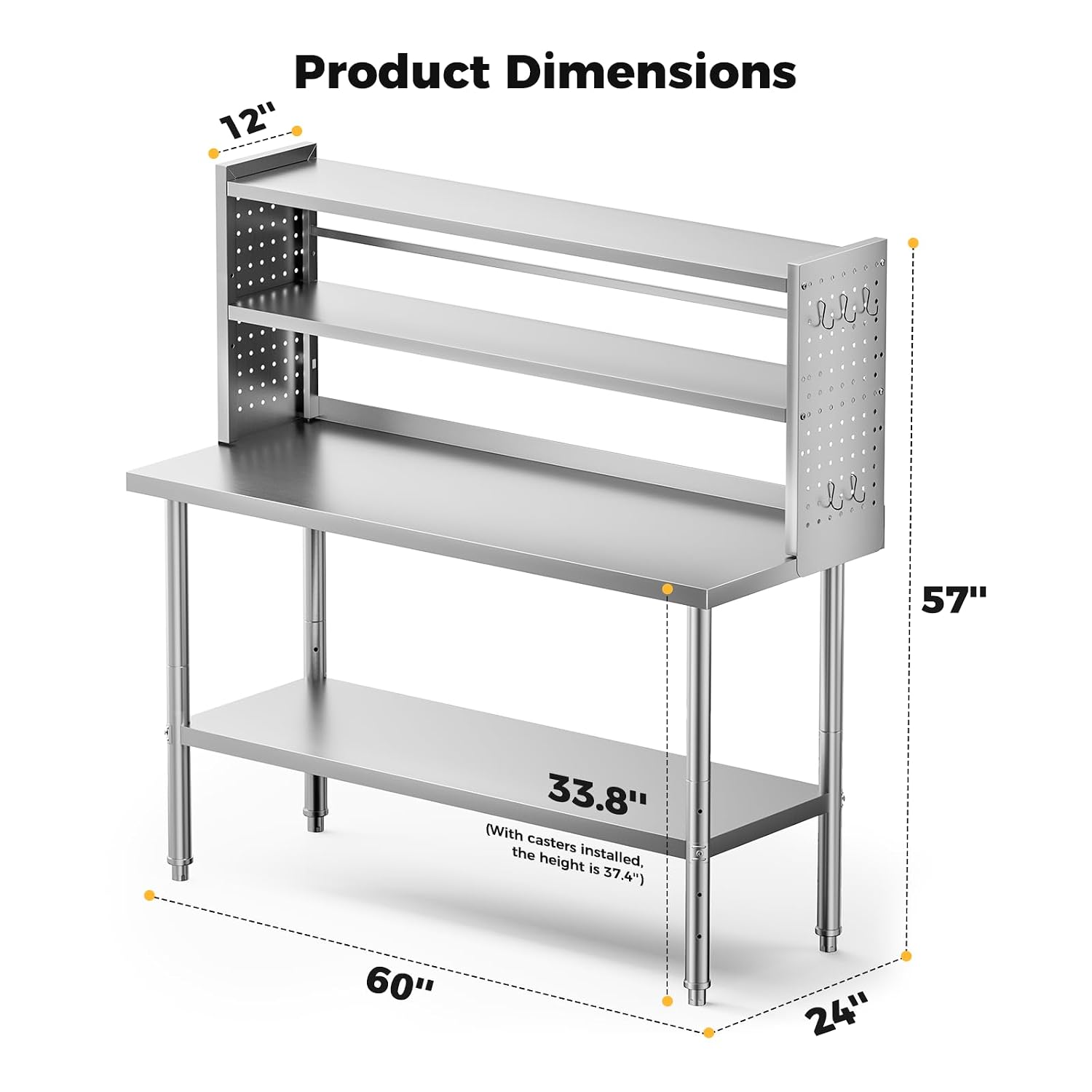 60x24 in NSF All Stainless Steel Table with Adjustable Shelf & Pegboard Panels & Casters, Kitchen Prep Table Commercial Heavy-Duty Worktable with Large Space Storage for Restaurant Garages