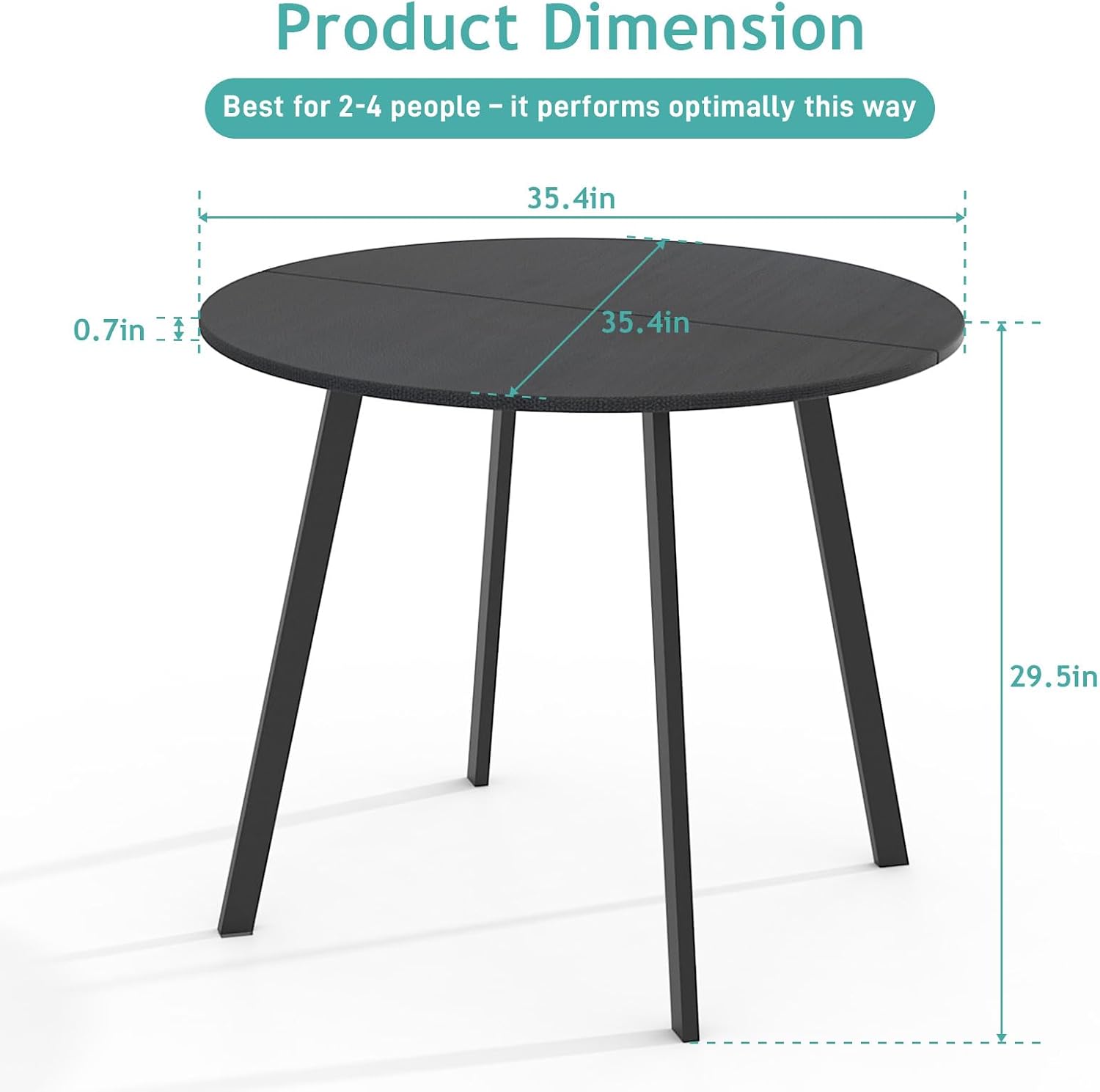 35.4in Small Round Dining Table with Wood Finish Steel Legs, Circle Dinner Table for Small Space, Apartment, Office, Kitchen, for 2 to 4 Person - Black