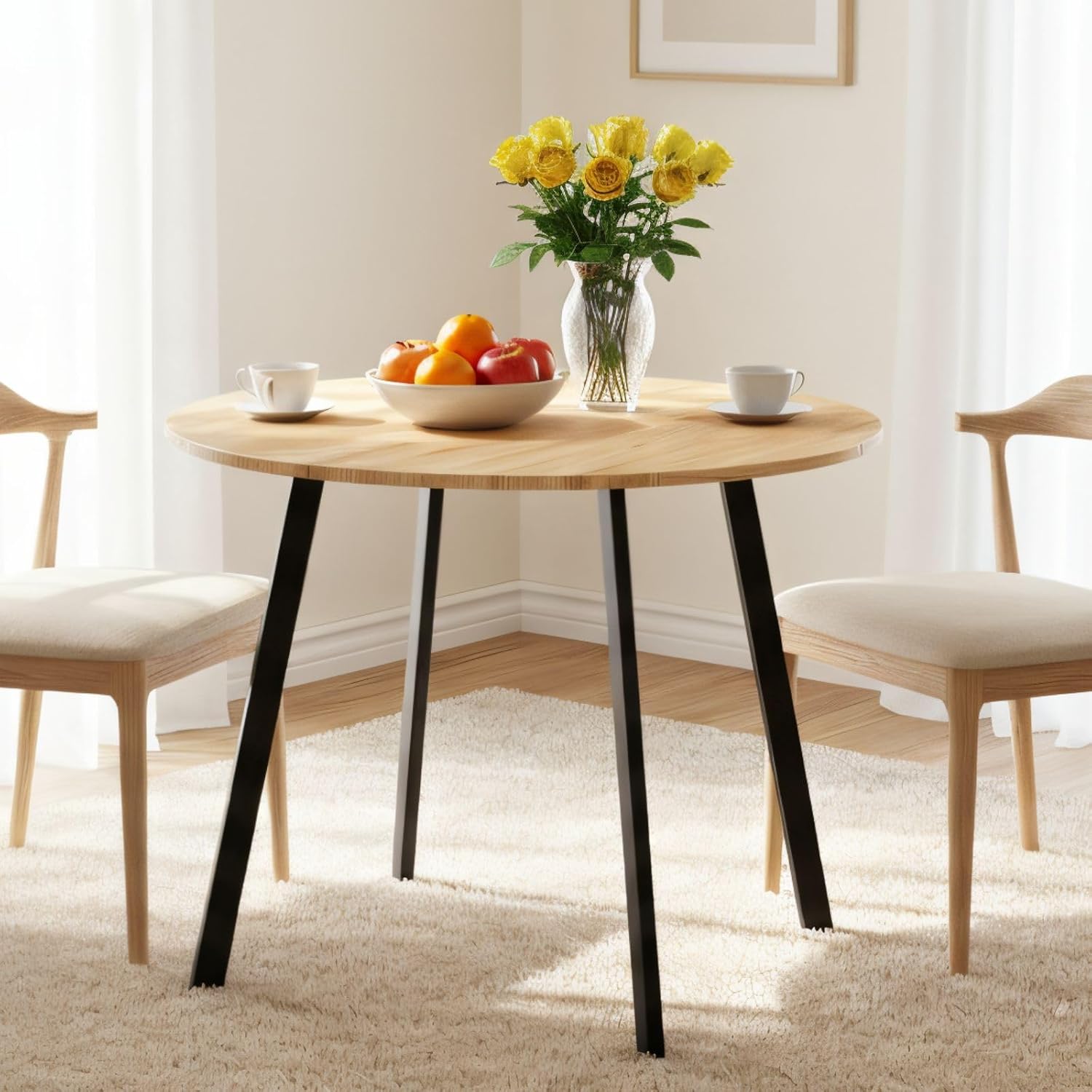 35.4in Small Dining Table, Round Dining Table with Wood Finish Steel Legs, Circle Dinner Tables for Small Space, Apartment, Office, Kitchen, for 2 to 4 Person-Natural