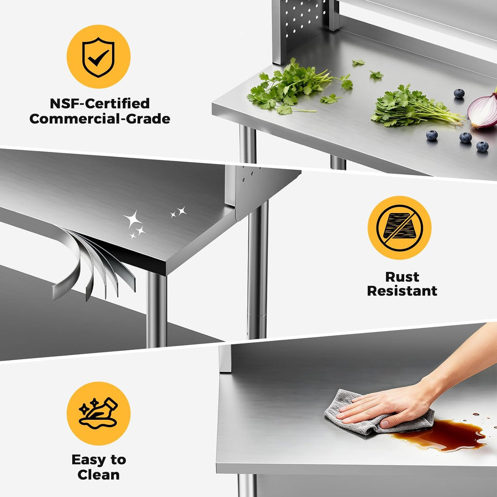 60x24 in NSF All Stainless Steel Table with Adjustable Shelf & Pegboard Panels & Casters, Kitchen Prep Table Commercial Heavy-Duty Worktable with Large Space Storage for Restaurant Garages