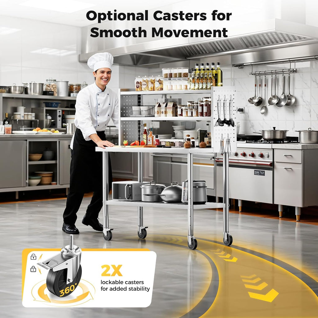 60x24 in NSF All Stainless Steel Table with Adjustable Shelf & Pegboard Panels & Casters, Kitchen Prep Table Commercial Heavy-Duty Worktable with Large Space Storage for Restaurant Garages