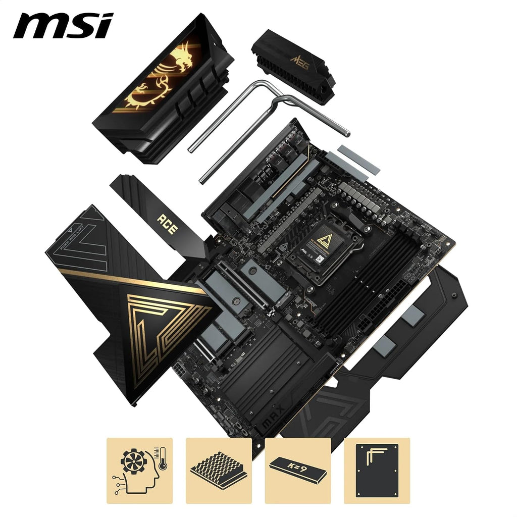 MSI MEG X870E ACE MAX Motherboard, ATX - Supports AMD Ryzen 9000/8000 / 7000 Processors, AM5-64MB BIOS ROM, 110A SPS VRM, DDR5 Memory (up to 8400+ MT/s OC), M.2 & PCIe 5.0, USB4, Wi-Fi 7, 10G LAN