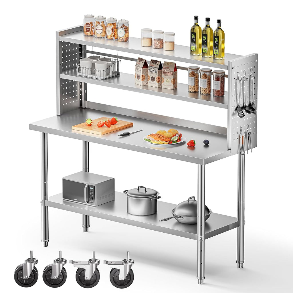 60x24 in NSF All Stainless Steel Table with Adjustable Shelf & Pegboard Panels & Casters, Kitchen Prep Table Commercial Heavy-Duty Worktable with Large Space Storage for Restaurant Garages