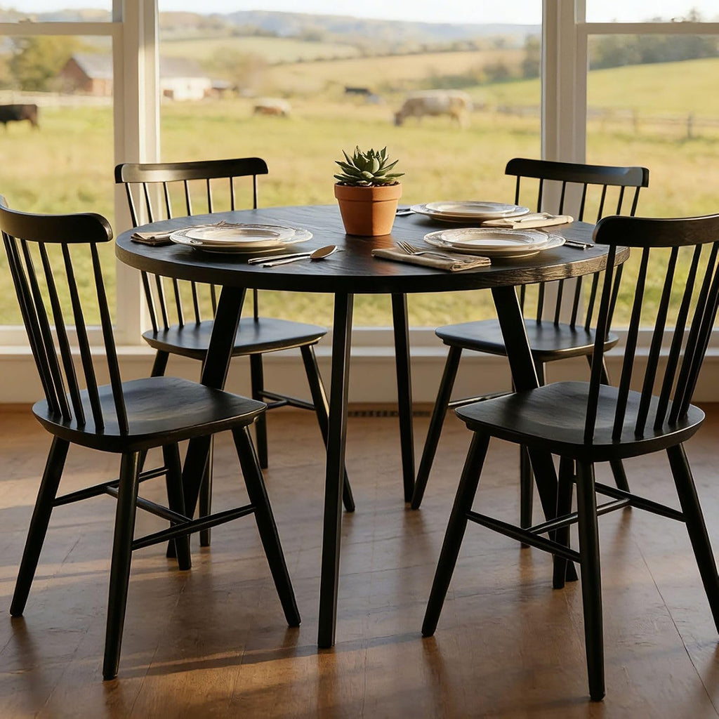 35.4in Small Round Dining Table with Wood Finish Steel Legs, Circle Dinner Table for Small Space, Apartment, Office, Kitchen, for 2 to 4 Person - Black