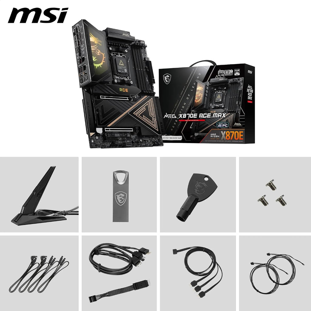 MSI MEG X870E ACE MAX Motherboard, ATX - Supports AMD Ryzen 9000/8000 / 7000 Processors, AM5-64MB BIOS ROM, 110A SPS VRM, DDR5 Memory (up to 8400+ MT/s OC), M.2 & PCIe 5.0, USB4, Wi-Fi 7, 10G LAN