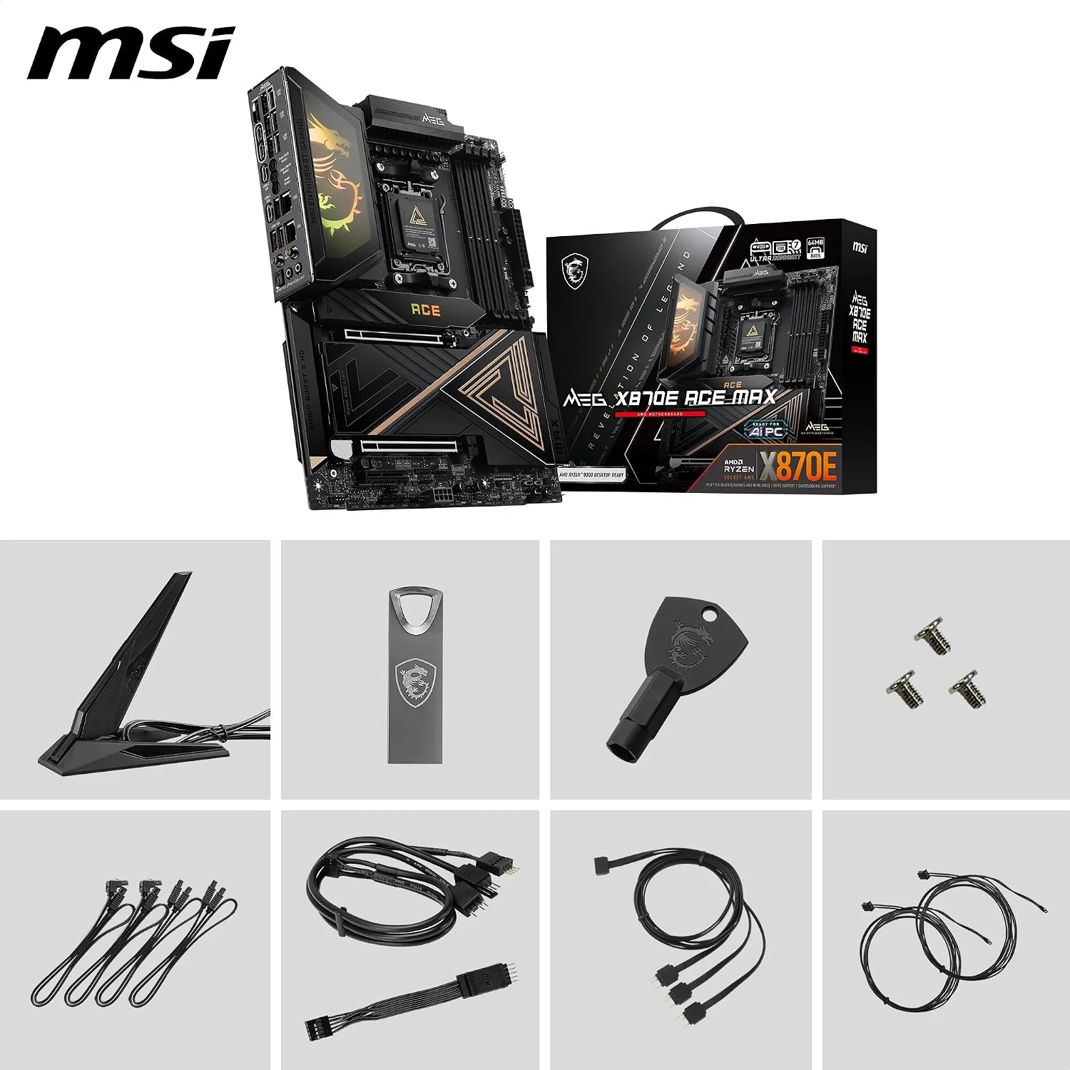 MSI MEG X870E ACE MAX Motherboard, ATX - Supports AMD Ryzen 9000/8000 / 7000 Processors, AM5-64MB BIOS ROM, 110A SPS VRM, DDR5 Memory (up to 8400+ MT/s OC), M.2 & PCIe 5.0, USB4, Wi-Fi 7, 10G LAN