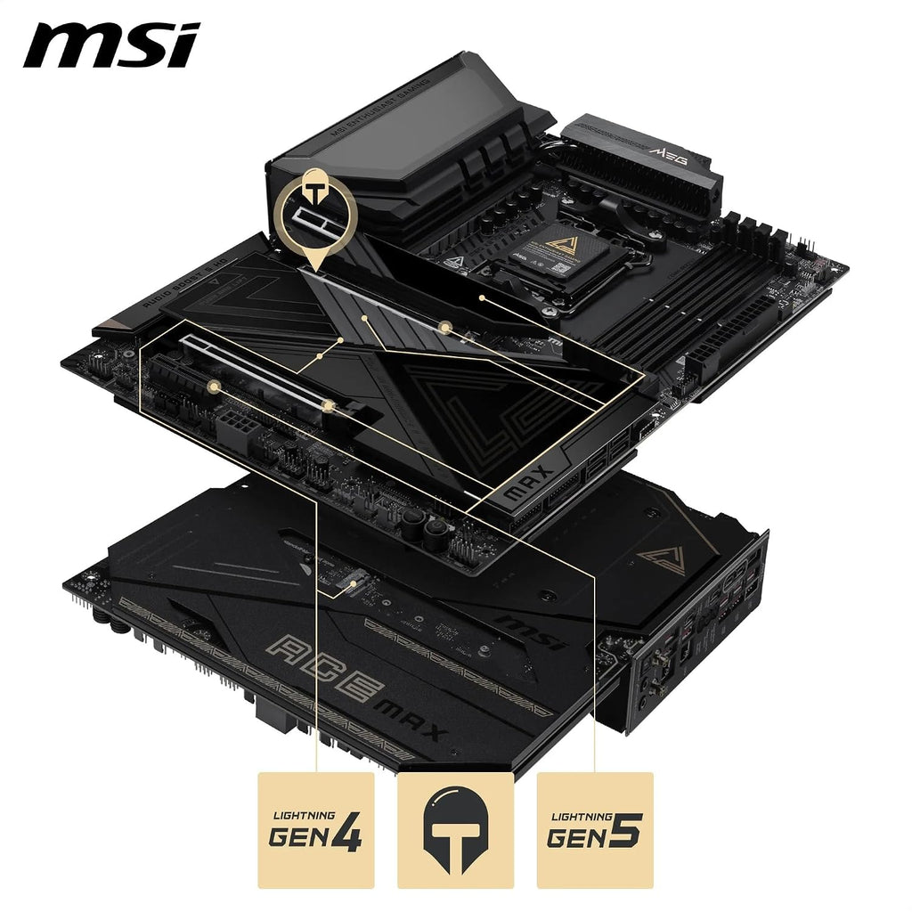 MSI MEG X870E ACE MAX Motherboard, ATX - Supports AMD Ryzen 9000/8000 / 7000 Processors, AM5-64MB BIOS ROM, 110A SPS VRM, DDR5 Memory (up to 8400+ MT/s OC), M.2 & PCIe 5.0, USB4, Wi-Fi 7, 10G LAN
