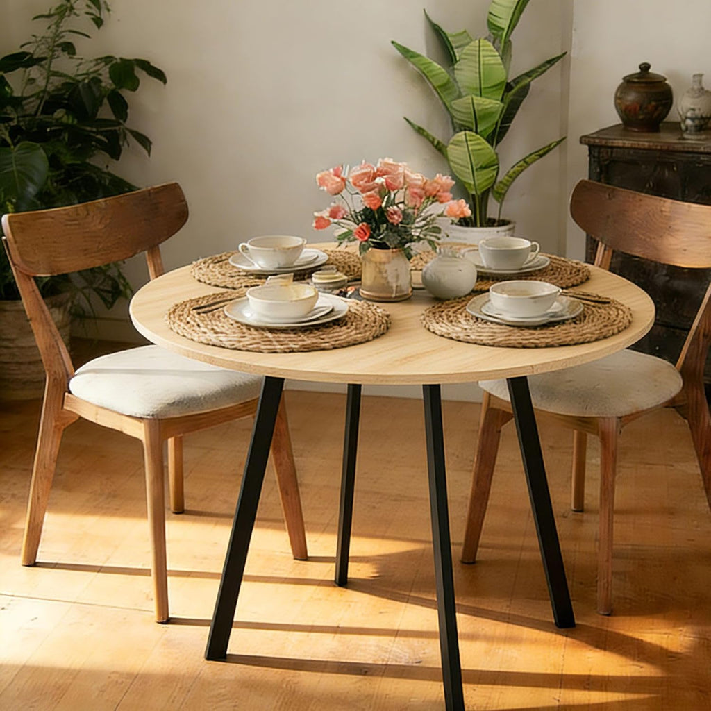 35.4in Small Dining Table, Round Dining Table with Wood Finish Steel Legs, Circle Dinner Tables for Small Space, Apartment, Office, Kitchen, for 2 to 4 Person-Natural