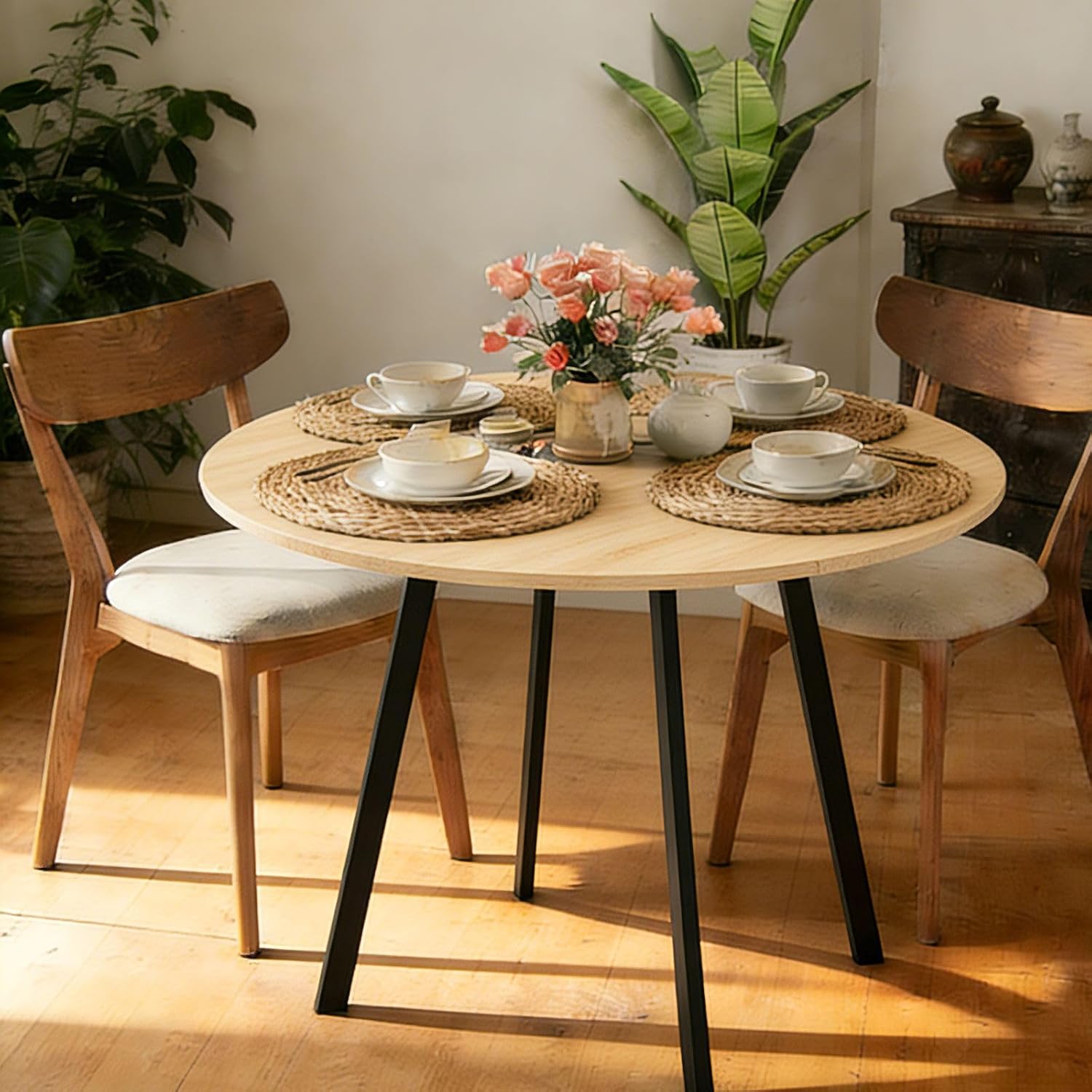 35.4in Small Dining Table, Round Dining Table with Wood Finish Steel Legs, Circle Dinner Tables for Small Space, Apartment, Office, Kitchen, for 2 to 4 Person-Natural