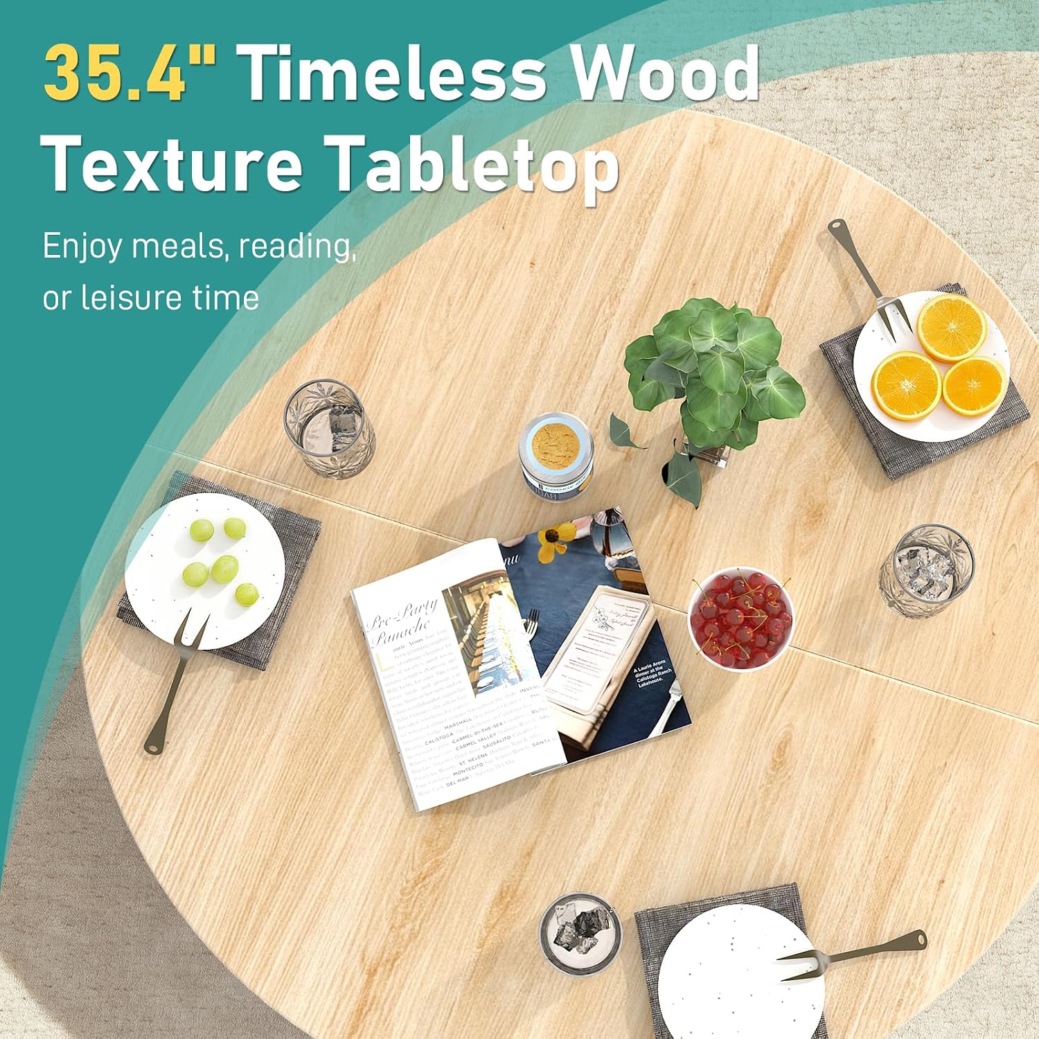 35.4in Small Dining Table, Round Dining Table with Wood Finish Steel Legs, Circle Dinner Tables for Small Space, Apartment, Office, Kitchen, for 2 to 4 Person-Natural