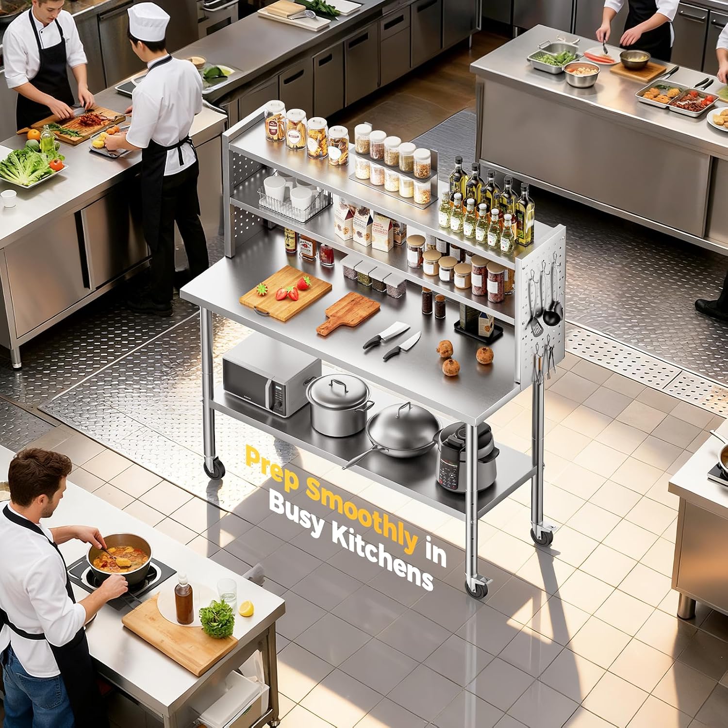 60x24 in NSF All Stainless Steel Table with Adjustable Shelf & Pegboard Panels & Casters, Kitchen Prep Table Commercial Heavy-Duty Worktable with Large Space Storage for Restaurant Garages