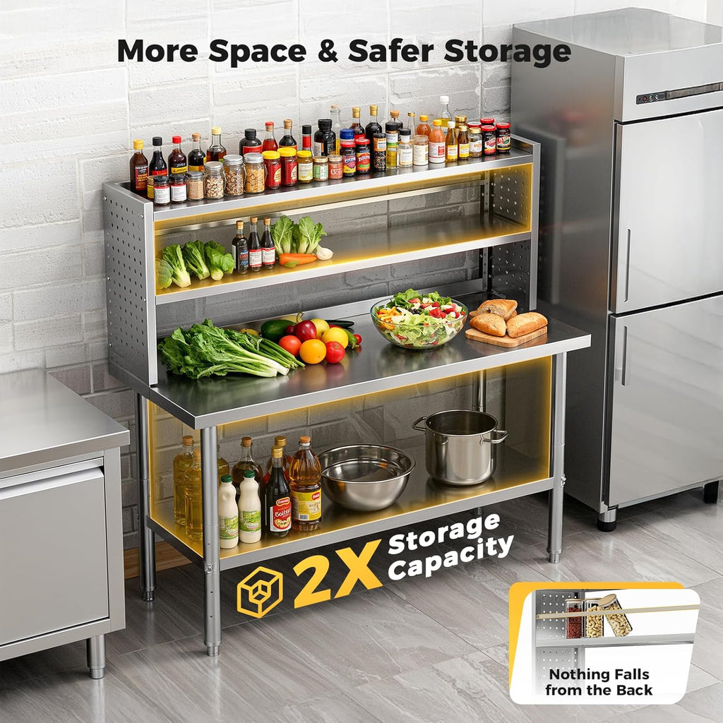 60x24 in NSF All Stainless Steel Table with Adjustable Shelf & Pegboard Panels & Casters, Kitchen Prep Table Commercial Heavy-Duty Worktable with Large Space Storage for Restaurant Garages
