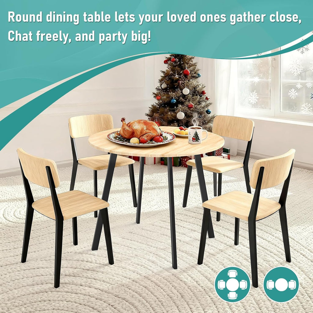 35.4in Small Dining Table, Round Dining Table with Wood Finish Steel Legs, Circle Dinner Tables for Small Space, Apartment, Office, Kitchen, for 2 to 4 Person-Natural