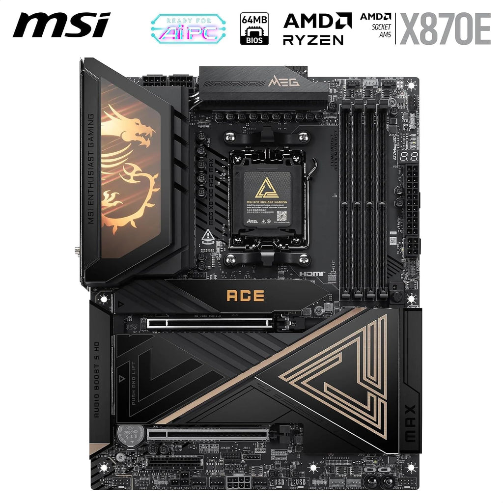 MSI MEG X870E ACE MAX Motherboard, ATX - Supports AMD Ryzen 9000/8000 / 7000 Processors, AM5-64MB BIOS ROM, 110A SPS VRM, DDR5 Memory (up to 8400+ MT/s OC), M.2 & PCIe 5.0, USB4, Wi-Fi 7, 10G LAN