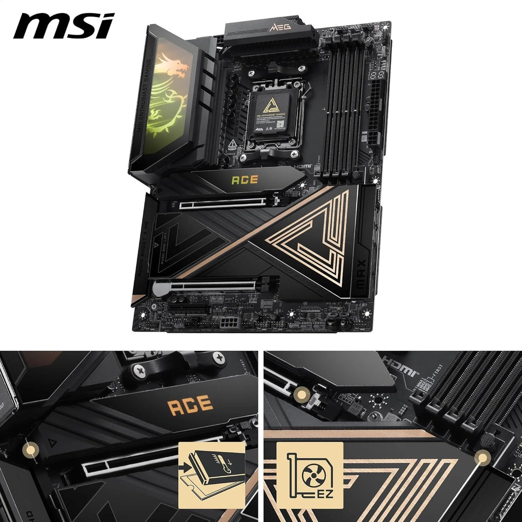 MSI MEG X870E ACE MAX Motherboard, ATX - Supports AMD Ryzen 9000/8000 / 7000 Processors, AM5-64MB BIOS ROM, 110A SPS VRM, DDR5 Memory (up to 8400+ MT/s OC), M.2 & PCIe 5.0, USB4, Wi-Fi 7, 10G LAN
