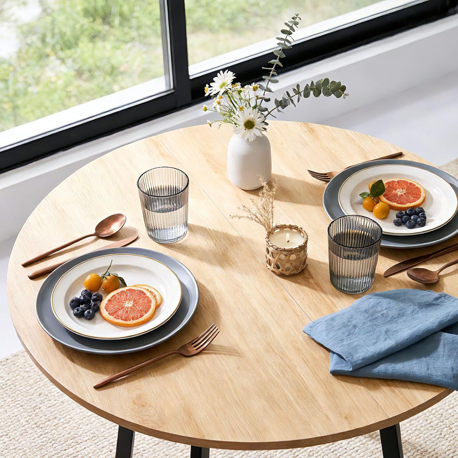 35.4in Small Dining Table, Round Dining Table with Wood Finish Steel Legs, Circle Dinner Tables for Small Space, Apartment, Office, Kitchen, for 2 to 4 Person-Natural