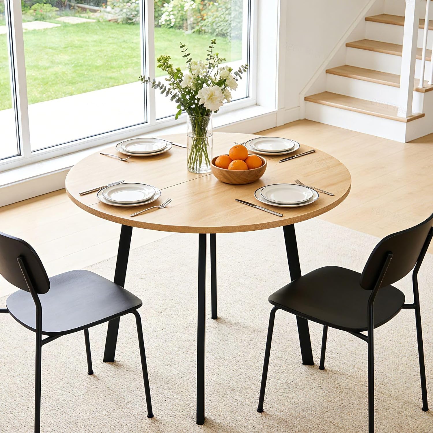 35.4in Small Dining Table, Round Dining Table with Wood Finish Steel Legs, Circle Dinner Tables for Small Space, Apartment, Office, Kitchen, for 2 to 4 Person-Natural