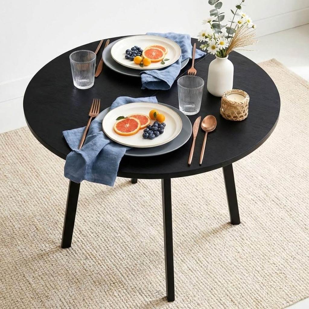 35.4in Small Round Dining Table with Wood Finish Steel Legs, Circle Dinner Table for Small Space, Apartment, Office, Kitchen, for 2 to 4 Person - Black