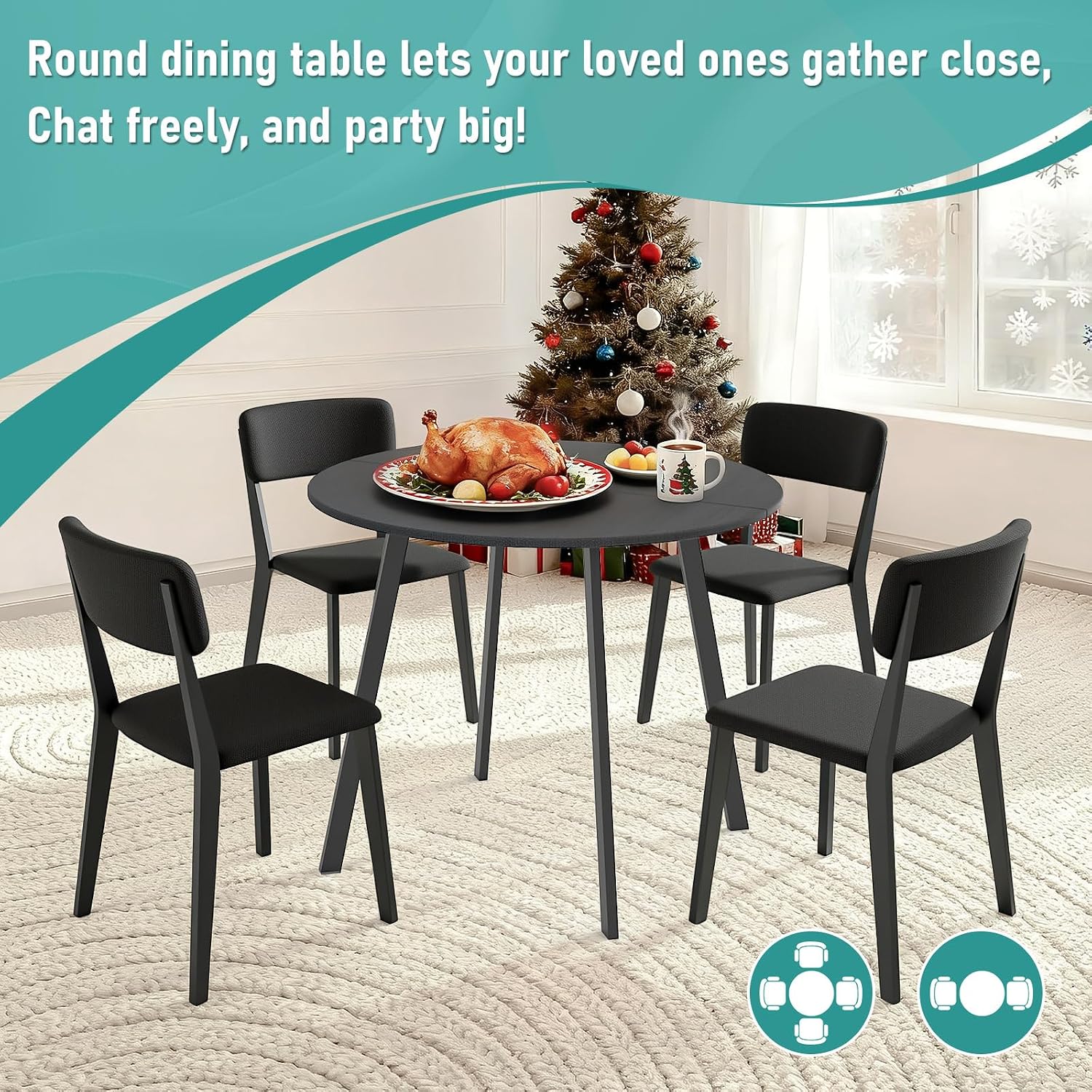 35.4in Small Round Dining Table with Wood Finish Steel Legs, Circle Dinner Table for Small Space, Apartment, Office, Kitchen, for 2 to 4 Person - Black
