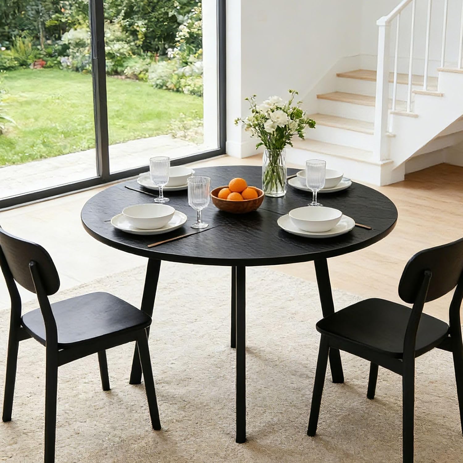 35.4in Small Round Dining Table with Wood Finish Steel Legs, Circle Dinner Table for Small Space, Apartment, Office, Kitchen, for 2 to 4 Person - Black